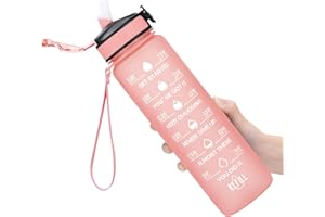 MEITAGIE 1 litre Motivational Sports Water Bottle with Straw & Time Maker,Leakproof with BPA Free Lid,Toxin Free Plastic Drink Bottle Design for Sports Gym Office Running(Pink)