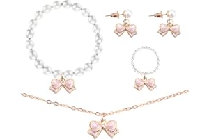 FADCAER 4 Pezzi Set di Gioielli per Ragazze Gioielli Bambina Set di Gioielli per Bambine Arco Ciondolo Perla Ragazze Bracciali Collana Anelli Orecchini Gioielli per Feste Set di Accessori