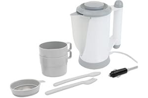 STREETWIZE ACCESSORIES Streetwize - 12v Travel Kettle & Utility Set 700ml, Low Wattage 100w In Car, Van, 4x4 Kettle | 1.4m Power Cable, Plug and Play 2 Cups, Fork, Spoon and Strainer.