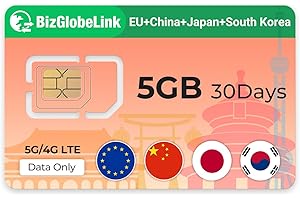 EIOTCLUB Carte SIM Prépayée, Carte SIM Internationale Utilisable dans Chine, Japon, Corée, Données Uniquement, Haut débit 5G/4G LTE, Rechargeable, Parfait pour téléphones, routeurs et tablettes