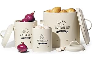Theo&Cleo Kartoffel Vorratsdosen Set, Kartoffeltopf im Retro Design Zwiebeltopf, Großer Vorratsbehälter aus Metall, Küche Aufbewahrung, Kann Kartoffeln für eine Lange Zeit lagern (Beige)