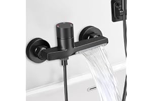 YOWMINA Mitigeur Douche Noir, Mitigeur Douche Thermostatique, Mitigeur Thermostatique Bain Douche en laiton, Mitigeur Baignoire avec 2 Sorties d'eau, Robinet de Douche Thermostatique avec Bouton de Sécurité