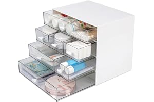 OSteed Desktop Organiser with 7 Drawers, Stackable Storage Box on Desk, Small Plastic Storage Unit with Drawers for Home Collection, Makeup, Office Supplies (4 Flat Layers, White)