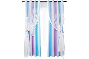 Jianyana Tende per Bambini per Ragazze, Tende Voile Stelle per Bambini, Tende Oscuranti Arcobaleno da Letto, Tende sfumate a Strisce Doppio Strato a Forma di Stella Cava 2 pezzi (Blue, 130 x 215cm)