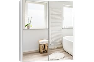 CASART Wall-Mounted Bathroom Mirror Cabinet, 2/3 Door Storage Cupboard with Shelves & Cushioning Hinges, Bath Organiser Storage for Bedroom, Living Room and Toilet (Double Door)
