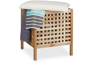Relaxdays Walnut Storage Seat with Hamper, 52 x 49 x 49 cm, Bathroom Ottoman with Cushion and 52 L Hamper, Footstool Ottoman Seat Chair with Storage Room, of Sturdy Walnut Wood, Light Brown & White