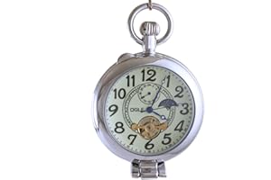 Ogle Waterproof Silver Magnifier Tourbillon Phases Moon Chain Fob Self Winding Automatic Skeleton Half Hunters Mechanical Pocket Watch