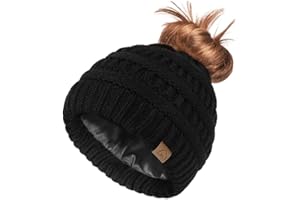 Hat Hut Satin Lined Beanie Hat for Women Silk Lined Winter Hat for Curly Hair Ponytail Beanie Messy Bun Knit Skull Cap