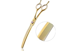 PURPLEBIRD 7 Inch Downward Curved Dog Grooming Scissors Thinning Texturizing Shears Professional Safety Blunt Tip Trimming Shearing for Dogs Cats Face Paws Limbs Japanese Stainless Steel Yellow