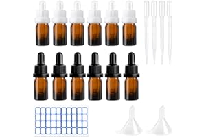 DONQL Botellas vacías de cristal de 5 ml, con embudo, pipeta y pegatinas para perfume, 12 unidades, frasco vacía con pipeta de cristal de 5 ml, botella de cristal pequeña con embudo