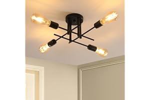 Riserva Lámpara de Techo Industrial, E27 Lámparas de Araña Negro Modernas de Metal para Dormitorio, Salón, Comedor, Pasillo, Vestíbulo, Balcón, 4 Luz