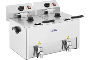 Royal Catering Friteuse Électrique De Restaurant Double Cuve Vidange Professionnelle RCEF 13D-EGO (2 x 3 250 W, 2 x 13 l, 2 Thermostats EGO, 2 Robinets, Inox, 50-190 °C)