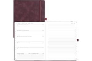 POPRUN Agenda 2025 Semainier D'août 2024 à déc 2025 Scolaire - Couverture Souple à, Onglets Mensuels, Papier 80 g/m², Boucle de Stylo Autocollante - Grand Format 26,5 x 21,5 cm, Bordeaux