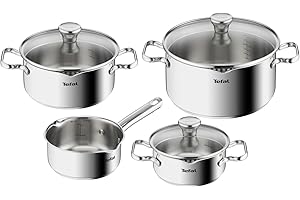 Tefal Batterie de Cuisine 7 pièces, Casserole 16 cm, Faitouts 16/20/24 cm + couvercles, Induction, Inox, Duetto A705A835