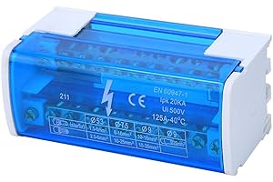 ASHATA Terminal Distribution Box, Din Rail Mount 125A / 500V 2x11 Position Terminal Block Distribution Module, 2-Level Single Phase with Transparent Dust Cover 211