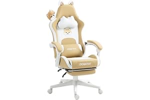 Dowinx Gaming Chair Cute with Dog Ears and Massage Lumbar Support, Ergonomic Computer Chair for Girl with Footrest and Headrest, Comfortable Reclining Game Chair 290lbs for Adult, Teen, Brown Dog