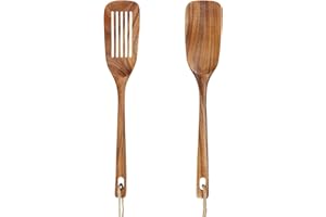 AOOSY Espátula de madera para cocinar, 13.3 pulgadas de mango largo de madera de acacia, espátula plana para cocina, juego de utensilios de cocina antiadherentes1 espátula ranurada, 1 espátula sólida