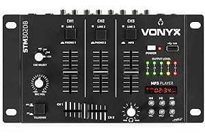 Mezclador SkyTec STM-3020 de 3 canales con reproductor MP3 USB, salida de auriculares con control de volumen, 2 entradas para micrófono, 3 canales con entrada line/phono, función talk over, negro