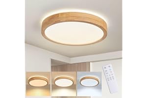 Baerolc LED Lámpara de Techo, 40CM Plafon LED Techo de madera regulables de con control remoto 32W 3000K-6000K Ronda de luz de techo Lámpara redonda para dormitorio/oficina/cocina/guardería/pasillo