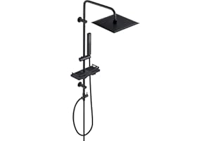 Görbach Colonna Doccia Nero in Acciaio Inox Senza Miscelatore Fori Muro Regolabili Asta Doccia Set Doccia a Pioggia Con Doccetta e Soffione Doccia e Porta Ogetti Mensola Quadrato 20 * 20 cm