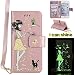 Produktbild iPhone 6 6S (4,7 Zoll) Luminous Leder Wallet Tasche Brieftasche Schutzhülle,Fanryn Schönes Mädchen und Katzen Muster Nacht Leuchtende Design Hochwertige PU Leder Flip Tasche Case Hülle im Bookstyle mit Standfunktion Kredit Kartenfächer für iPhone 6 6S (4,7 Zoll) (Rose Gold)