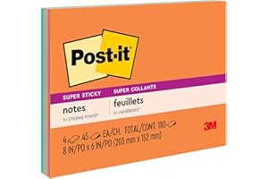 ‎POST-IT Post-it Super Haftnotizen, 20,3 x 15,2 cm, 4 Blöcke, 2 x Haftkraft, Energy Boost Kollektion, helle Farben, wiederverwertbar (6845-SSP)