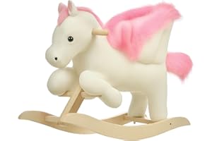 HOMCOM Cavallo a Dondolo Bianco e Rosa con Suoni e Struttura in Legno di Pioppo per Bambini 18-36 Mesi, 70x28x57cm