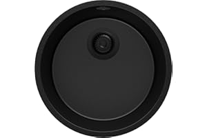 PRIMAGRAN Fregadero Cocina Circular Todo Negro 46x46cm, Granito 1 Seno + Sifón, Sobre encimera al mueble 50cm - La Valeta Slim S007