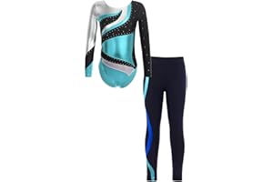 iEFiEL Mädchen Turnanzug Glitzer Gymnastik Leotard Langarm Akrobatik Anzug Tanzkostüme Turnbody Jumpsuit mit Sport Leggings