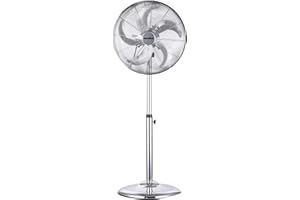 Senelux 16 Inch Metal Pedestal Floor Fan, Chrome Standing Fan with 5 Blades, Oscillating Function, 3 Speed Settings, Adjustable Height, Silent Operation, 50W Ideal for Home Office Gym