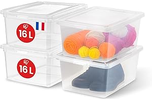 Iris Ohyama, Boite de Rangement Plastique Multi-Usages, 16L, Lot de 4, Transparent, Fermeture Facile, Empilable, pour Chambre, Cuisine, Bureau, Salle de Bain, Vêtement, Jouet, Sans BPA, CNL-16E