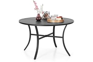 MFSTUDIO Round Garden Table Only with Adjustable Parasol Hole, 107cm Black Patio Outdoor Dining Metal All-Weather Table for 4 Person
