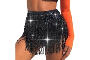 Unicra Falda de lentejuelas con borlas para danza del vientre, traje de festival, ballet, baile, flecos, bufanda de cadera, disfraz rave, minifaldas para mujeres y niñas