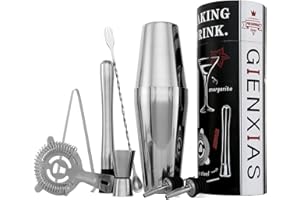 GIENXIAS Cocktail Set 9-teilig – Cocktail Shaker 750ml aus Edelstahl mit 2X Ausgießer, Barlöffel, Messbecher, Cocktailstampfer, Eiswürfelzange, Sieb & personalisierbarer Geschenkbox – Barkeeper Set (Silber)