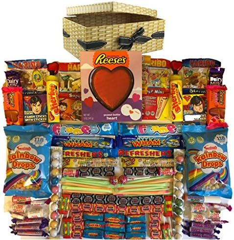 Reeses American chocolate love heart valentine Hamper Box of Treats @ retro sweets of flumps gobstoppers rethreshers Chupa chups lollies wham Bar fruit salad sherbert dips black jacks double dips and many more in our present hamper box of uk and usa delights