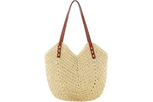 GSenhui Słomkowa torebka damska, torba na kosz, letnia torba plażowa, słomka, duża, z zamkiem błyskawicznym, ręcznie robiona torebka ze skórzanym paskiem na ramię, tkana torba na ramię na plażę,