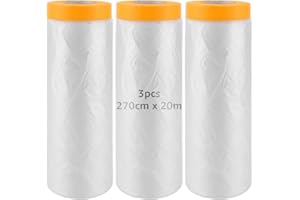 YOUNTHYE 3 rolki folii maskującej z taśmą klejącą 270 cm x 20 m, przezroczysta folia malarska ze złotą taśmą, odporna na promieniowanie UV, taśma maskująca do ochrony przed kurzem, samoprzylepna folia malarska