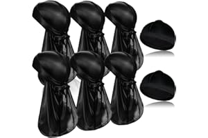 TSKNOMO 6 Stück Schwarze seidige Durags mit langem Schwanz und 2 Stück Satin Wave Cap, Pack Do Lumpen für Männer 360 Waves