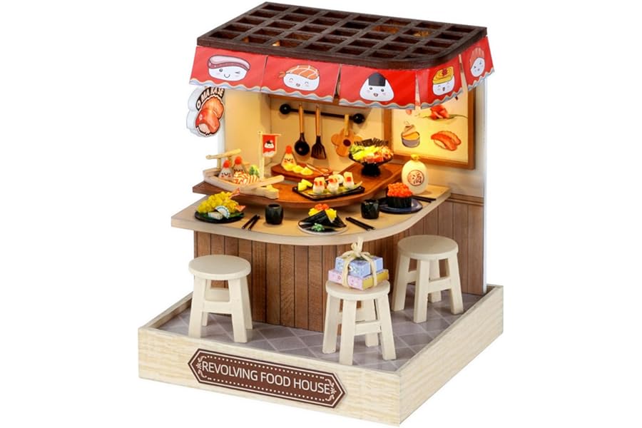 CUTEROOM DIY Miniature House Kit, Wooden Dollhouse Kit Mini House Making Kit with Furnitures and Dust Cover (Food House)