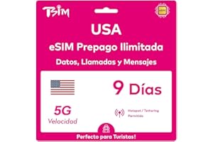 TSIM USA eSIM 9 Días. Red T-Mobile con Datos Ilimitados de Alta Velocidad, Llamadas Locales y Mensajes en USA (Hawái Incluido). Obtén eSIM Mismo Día por Correo Electrónico y Comienza a Usar Inmediatamente