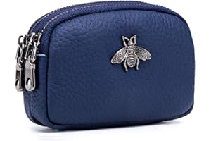 ALOUWEEKUKY Porte-Monnaie en Cuir véritable pour Femme - Double Zipper Bee Change Pouch Wallet Card Holder Porte-Monnaie Mini Simple Cute Coin Pocket utile pour Les Femmes