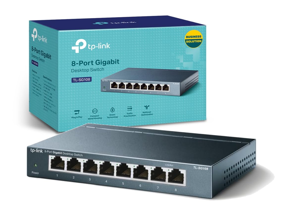 TP-Link TL-SG108 - Switch Gigabit de 8 Puertos, Plug & Play, Carcasa Acero | No Necesita Configuración. Diseño sin Ventilador, Silencioso. Carcasa Metálica. 8 Puertos Gigabit. IGMP Snooping.