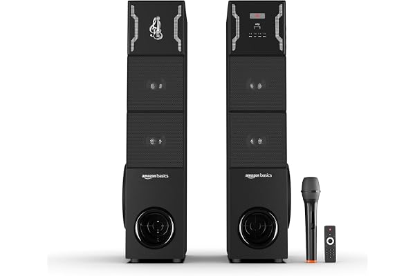Amazon Basics 2.0CH 125W Multimedia Tower Speakers with Wireless Microphone, Multi-Connectivity Option with Supporting USB, AUX, FM, Mic (Black)
