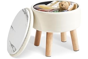 IBUYKE 13” Piccolo Poggiapiedi Ottomano con Contenitore, Pouf Poggiapiedi Rotondo con Sedile Imbottito e Coperchio, Poggiapiedi Mini in Pelle PU per Ingresso Divano Soggiorno, Beige WBD023W
