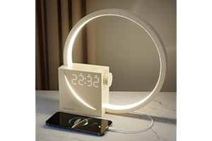 ‎BLONBAR blonbar Nachttischlampe mit Wake Up Licht, 3 Stufige Helligkeit Touch Dimmbar, 2 Wecker,Tageslichtwecker, 10 Beruhigender Klang,10W USB-Aufladung,Geeignet Schlafzimmer Wohnzimmer. (Minimalistisch)