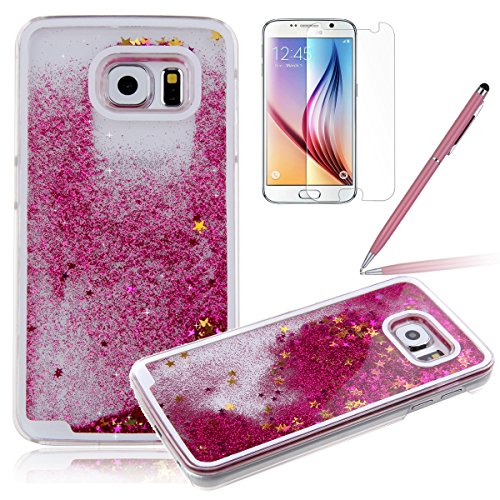 Samsung S6 Glitzer Hülle, Felfy Samsung Galaxy S6 G920 Kreativ Luxury Flüssig Fließende Sparkly Bling Stern Hot Pink Quicksand Haut Tasche Back Case Cover Etui + 1x Rosa Metall Stylus Touch Pen + 1x Displayschutzfolie