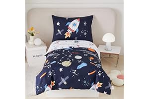 STYHO Space Toddler Bedding Reversible Planets Rockets Printed Cot Bed Bedding Set for Boys Girls Cartoon Dark Blue Outer Space Duvet Cover for Toddler(Dark Blue, Cot Bed)
