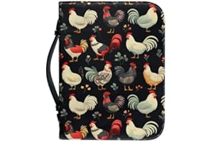 Kuiaobaty Countryside Chickens Print Book Bag with Handle PU Leather Farm Chicken Rooster Carrying Book Case Zipper Bible Protective Cover