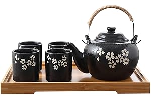 fanquare Servizio da Tè Kungfu Giapponese con Infusore, Servizio da Tè in Porcellana con Fiori di Ciliegio Bianco, Teiera Fatta a Mano per 4 Persone con Vassoio da Tè in Bambù