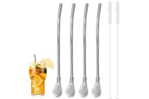 EASYKEENECOM 4 Pièces Pailles en Acier Inoxydable avec Cuillère Filtrante, Cuillère à Paille Filtrante, Pailles de Bombillas Réutilisables à Cuillère avec 2 Brosses de Nettoyage pour thé en Vrac, Café, Boissons